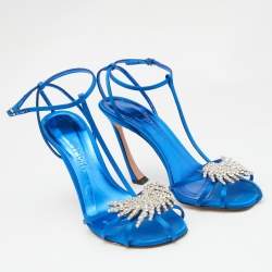 Pre Owned Pierre Balmain Blue Satin Crystal Embellished T-Strap Sandals Size 39