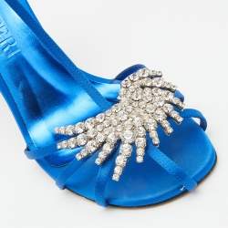 Pre Owned Pierre Balmain Blue Satin Crystal Embellished T-Strap Sandals Size 39