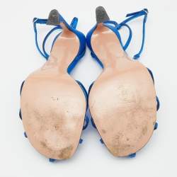 Pre Owned Pierre Balmain Blue Satin Crystal Embellished T-Strap Sandals Size 39