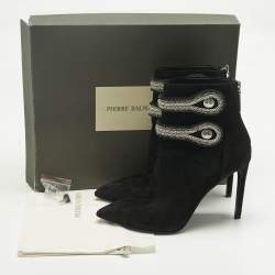 Pre Owned Pierre Balmain Black Suede Crystal Embellished Ankle Length Boots Size 37
