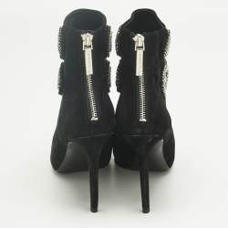 Pre Owned Pierre Balmain Black Suede Crystal Embellished Ankle Length Boots Size 37