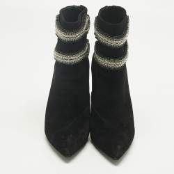 Pre Owned Pierre Balmain Black Suede Crystal Embellished Ankle Length Boots Size 37