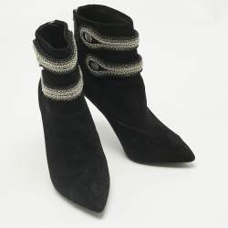 Pre Owned Pierre Balmain Black Suede Crystal Embellished Ankle Length Boots Size 37