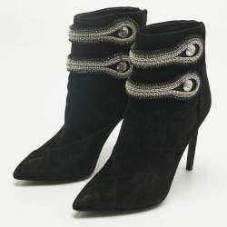 Pre Owned Pierre Balmain Black Suede Crystal Embellished Ankle Length Boots Size 37