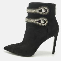 Pre Owned Pierre Balmain Black Suede Crystal Embellished Ankle Length Boots Size 37
