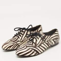 Pierre Balmain Black/ White Zebra Print Pony Hair and Leather Studded  Lace Up Oxfords Size 37