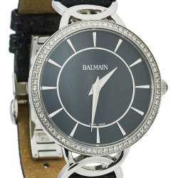 Pre Owned Balmain Black Stainless Steel Diamond Leather Christa 3175 Women's Wristwatch 32 mm