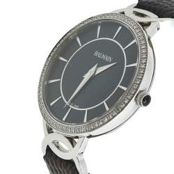 Pre Owned Balmain Black Stainless Steel Diamond Leather Christa 3175 Women's Wristwatch 32 mm