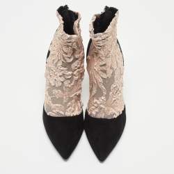 Pierre Hardy Black/Metallic Peach Fabric and Suede Dolly Pointed Toe Ankle Booties Size 38.5