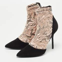 Pierre Hardy Black/Metallic Peach Fabric and Suede Dolly Pointed Toe Ankle Booties Size 38.5