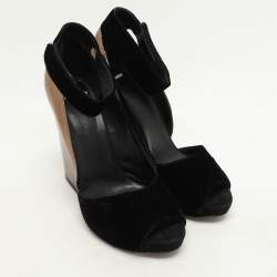 PIERRE HARDY Black/Bronze Leather and Velvet Block Heel Ankle Strap Pumps Size 40