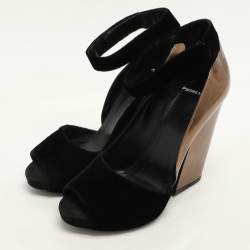 PIERRE HARDY Black/Bronze Leather and Velvet Block Heel Ankle Strap Pumps Size 40