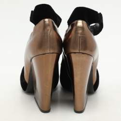 PIERRE HARDY Black/Bronze Leather and Velvet Block Heel Ankle Strap Pumps Size 40