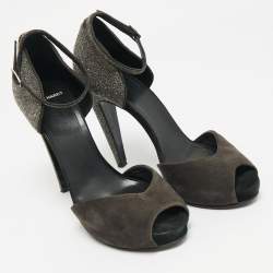 Pre Owned PIERRE HARDY Black Glitter and Suede Peep Toe Ankle Strap Sandals Size 39.5