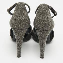 Pre Owned PIERRE HARDY Black Glitter and Suede Peep Toe Ankle Strap Sandals Size 39.5