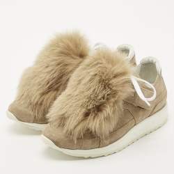 Pre Owned Pierre Hardy Brown Rabbit Fur and Suede Low Top Sneakers Size 37