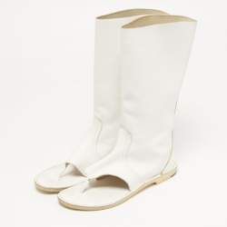 Pre Owned PIERRE HARDY Size 39 White Leather Thong Cut Out Mid Calf Boots