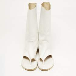 Pre Owned PIERRE HARDY Size 39 White Leather Thong Cut Out Mid Calf Boots