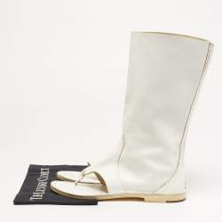 Pre Owned PIERRE HARDY Size 39 White Leather Thong Cut Out Mid Calf Boots