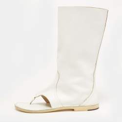 Pre Owned PIERRE HARDY Size 39 White Leather Thong Cut Out Mid Calf Boots