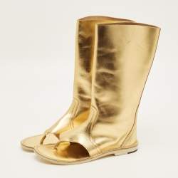 Pre Owned بوت بطول الكاحل جلد ذهبي من بيير هاردي برباط مقاس 39