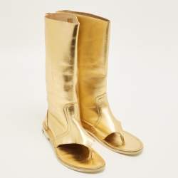 Pre Owned بوت بطول الكاحل جلد ذهبي من بيير هاردي برباط مقاس 39