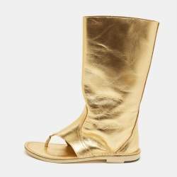 Pre Owned PIERRE HARDY Size 36 Gold Leather Cut Out Thong Ankle Length Boots