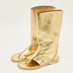 Pre Owned PIERRE HARDY Size 36 Gold Leather Cut Out Thong Ankle Length Boots