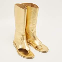 Pre Owned PIERRE HARDY Size 36 Gold Leather Cut Out Thong Ankle Length Boots
