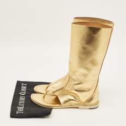 Pre Owned PIERRE HARDY Size 36 Gold Leather Cut Out Thong Ankle Length Boots