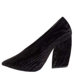 Pre Owned Pierre Hardy Black Textured Velvet V Neck Block Heel Pumps Size 39