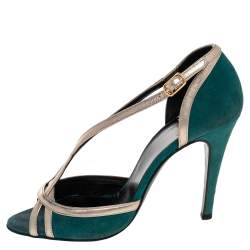 Pierre Hardy Green Suede And Gold Leather Peep Toe Sandals Size 38.5