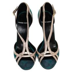 Pierre Hardy Green Suede And Gold Leather Peep Toe Sandals Size 38.5