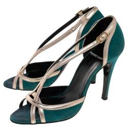 Pierre Hardy Green Suede And Gold Leather Peep Toe Sandals Size 38.5