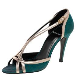 Pierre Hardy Green Suede And Gold Leather Peep Toe Sandals Size 38.5