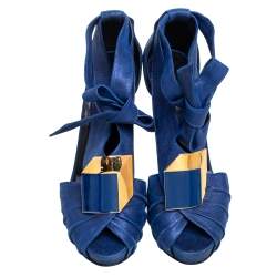 Pierre Hardy Blue Laminated Suede Buckle Ankle-Tie Sandals Size 38