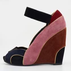 Pierre Hardy Multicolor Suede Ankle Strap Wedge Peep Toe Sandals Size 38.5