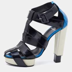 Pierre Hardy Black/Blue Patent Leather Caged Ankle Strap Sandals Size 38