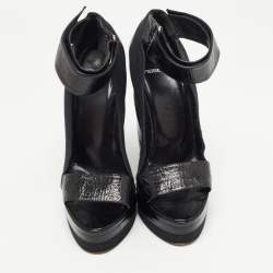 Pierre Hardy Black Leather and Canvas Ankle Strap Wedge Pumps Size 40 