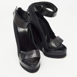 Pierre Hardy Black Leather and Canvas Ankle Strap Wedge Pumps Size 40 