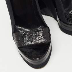 Pierre Hardy Black Leather and Canvas Ankle Strap Wedge Pumps Size 40 