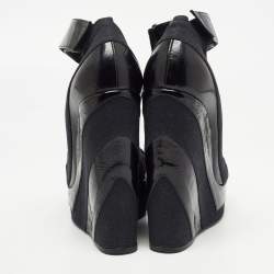 Pierre Hardy Black Leather and Canvas Ankle Strap Wedge Pumps Size 40 