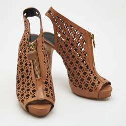 Pierre Hardy Brown Leather Laser Cut Out Zip Detail Booties Size 36.5