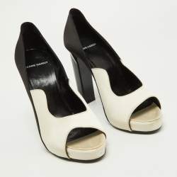 Pierre Hardy White/Black Satin Peep Toe Pumps Size 38.5