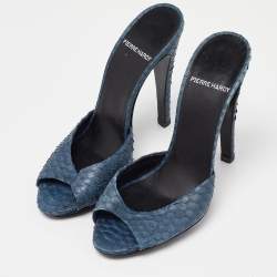 Pierre Hardy Navy Blue Python Leather Open Toe Slide Sandals Size 38