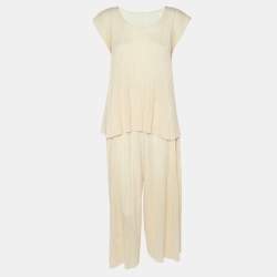 Pleats Please by Issey Miyake Cream Plisse Top and Pant Set S