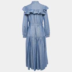 Poca & Poca Blue Canvas Ruffled Bead Detail Maxi Dress M