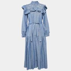 Poca & Poca Blue Canvas Ruffled Bead Detail Maxi Dress M