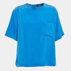 Pre Owned Polo Ralph Lauren Blue Silk Short Sleeve Blouse L