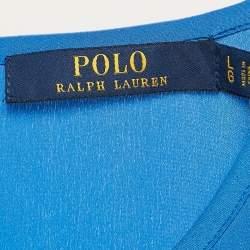 Pre Owned Polo Ralph Lauren Blue Silk Short Sleeve Blouse L